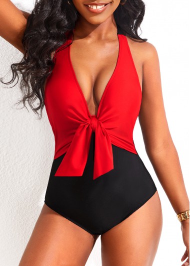 Red swimwear,Black swimwear,Contrast Color swimwear,ROTITA Tie Contrast Red One Piece Swimwear