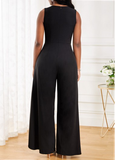 Black jumpsuits & rompers,Plain Color jumpsuits & rompers,ROTITA Split Black Long V Neck Sleeveless Jumpsuit
