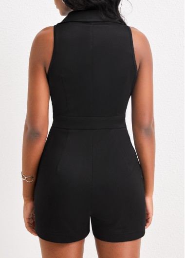 Black jumpsuits & rompers,Plain Color jumpsuits & rompers,ROTITA Pocket Black Lapel Button Up Sleeveless Romper