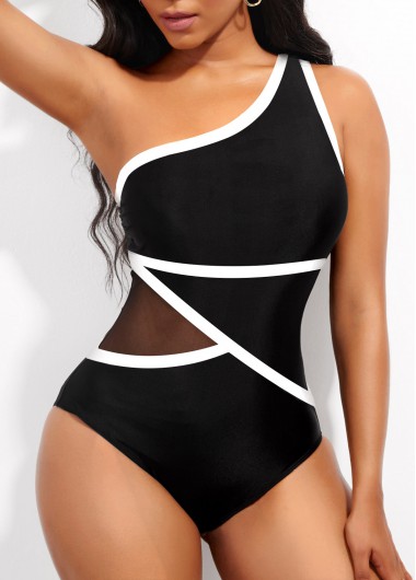 Black swimwear,Plain Color swimwear,ROTITA Contrast Binding Asymmetric Black One Piece Swimwear