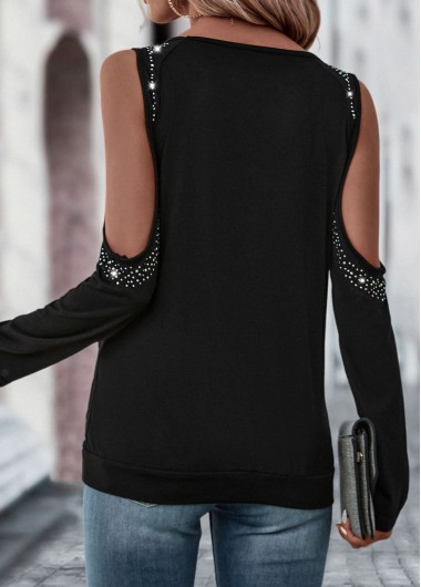 Black tops,Plain Color tops,Hot Drilling Black Round Neck T Shirt