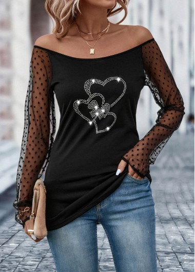 Black tops,Heart tops,Patchwork Heart Design Black Off Shoulder T Shirt