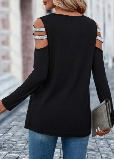 Black tops,Plain Color tops,Hot Drilling Black Round Neck T Shirt