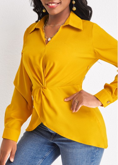 Ginger tops,Plain Color tops,Twist Ginger Shirt Collar Long Sleeve Blouse