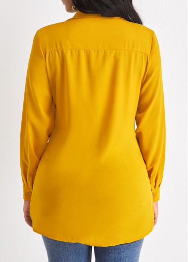 Ginger tops,Plain Color tops,Twist Ginger Shirt Collar Long Sleeve Blouse