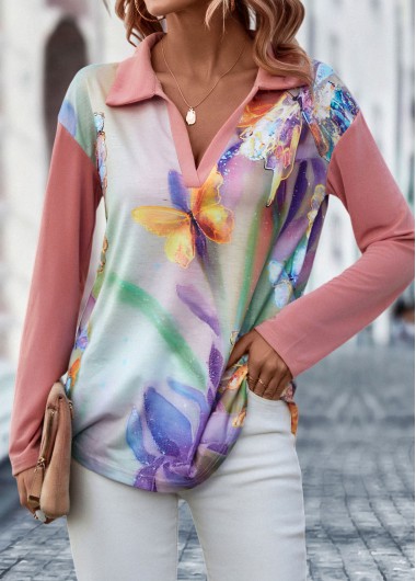 Pink tops,Animal Print tops,Butterfly Print Pink Polo Collar Blouse