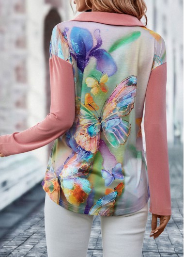 Pink tops,Animal Print tops,Butterfly Print Pink Polo Collar Blouse