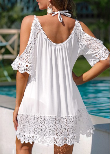 White swimwear,Plain Color swimwear,Lace Cold Shoulder White Cover Up