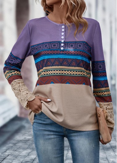 Multi Color tops,Tribal tops,Geometric tops,Button Tribal Print Multi Color T Shirt