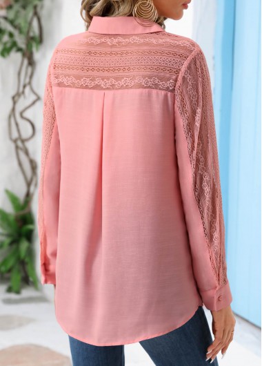 Pink tops,Plain Color tops,ROTITA Lace Pink Shirt Collar Long Sleeve Blouse