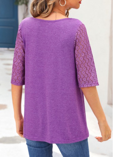 Purple tops,Plain Color tops,ROTITA Lace Purple V Neck Half Sleeve T Shirt