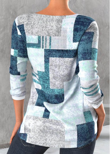 Blue tops,Geometric tops,Striped tops,ROTITA Cut Out V Neck Geometric Print Blue T Shirt