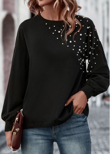 Black tops,Plain Color tops,Pearl Black Round Neck Long Sleeve T Shirt
