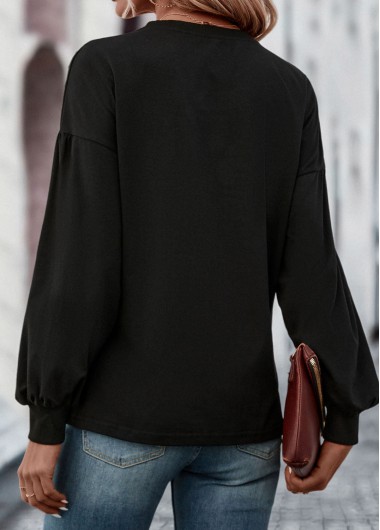 Black tops,Plain Color tops,Pearl Black Round Neck Long Sleeve T Shirt