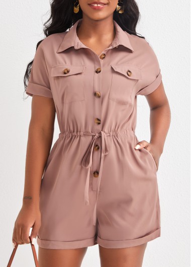 Light Camel jumpsuits & rompers,Plain Color jumpsuits & rompers,ROTITA Button Light Camel Shirt Collar Romper