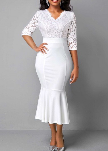 White dresses,Plain Color dresses,ROTITA White Lace V Neck Mermaid Dress