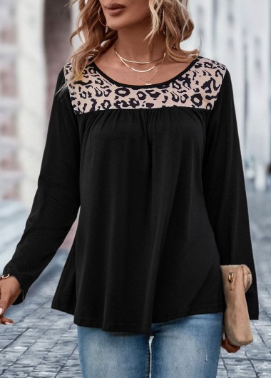 Black tops,Leopard tops,Patchwork Leopard Black Round Neck T Shirt