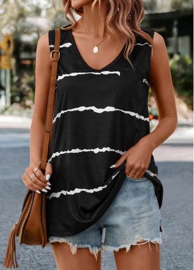 Black tops,Striped tops,Geometric tops,Striped Black V Neck Tank Top