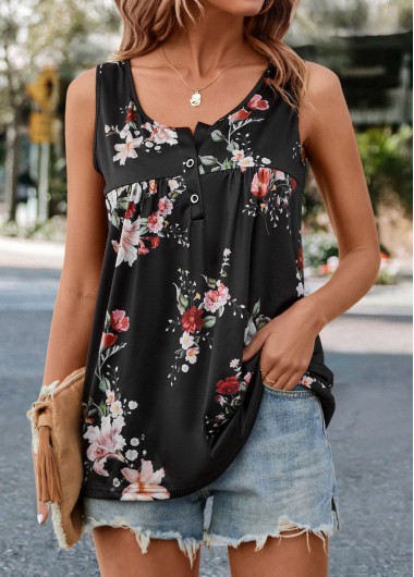 Black tops,Floral tops,Floral Print Black Scoop Neck Tank Top