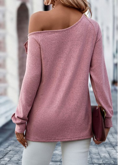 Pink tops,Plain Color tops,Button Pink Asymmetrical Neck Long Sleeve T Shirt
