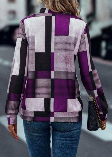 Purple tops,Geometric tops,Zipper Geometric Print Purple Turn Down Collar Sweatshirt