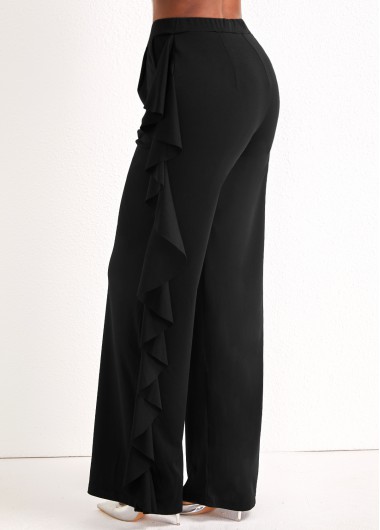 Black bottoms,Plain Color bottoms,Black Wide Leg Ruffle High Waisted Pants