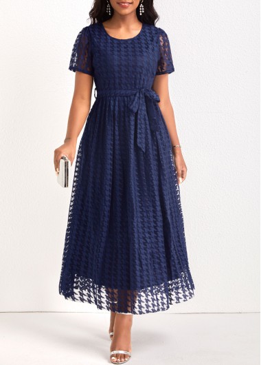 Navy dresses,Plain Color dresses,ROTITA Mesh Navy Belted Round Neck Maxi Dress