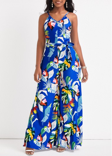 Royal Blue jumpsuits & rompers,Plants jumpsuits & rompers,Split Leaf Print Royal Blue Belted Jumpsuit