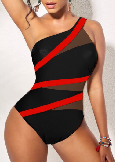 Black swimwear,Contrast Color swimwear,ROTITA Asymmetry Contrast Black One Piece Swimwear