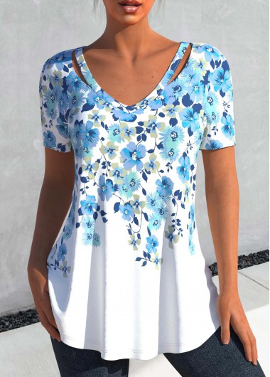 Light Blue tops,White tops,Floral tops,Plants tops,ROTITA Cut Out Floral Print Light Blue T Shirt