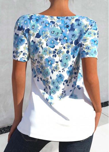 Light Blue tops,White tops,Floral tops,Plants tops,ROTITA Cut Out Floral Print Light Blue T Shirt