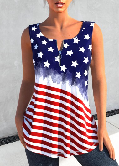Navy tops,Red tops,Flag tops,Striped tops,ROTITA Zipper American Flag Print Navy Tank Top