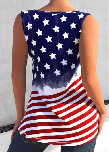 Navy tops,Red tops,Flag tops,Striped tops,ROTITA Zipper American Flag Print Navy Tank Top