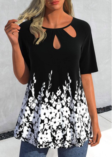 Black tops,White tops,Floral tops,Plants tops,ROTITA Cage Neck Floral Print Black T Shirt