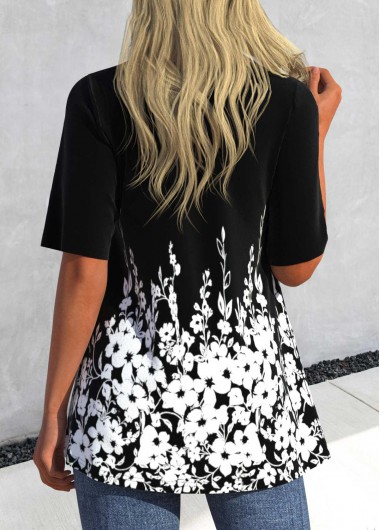 Black tops,White tops,Floral tops,Plants tops,ROTITA Cage Neck Floral Print Black T Shirt