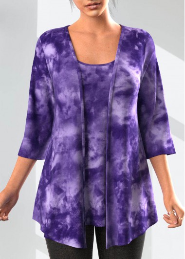 Dark Purple tops,Tie Dye tops,ROTITA Tie Dye Print Tank Top and Dark Purple Cardigan