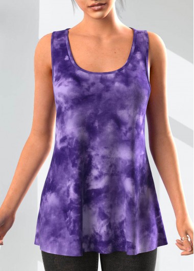 Dark Purple tops,Tie Dye tops,ROTITA Tie Dye Print Tank Top and Dark Purple Cardigan
