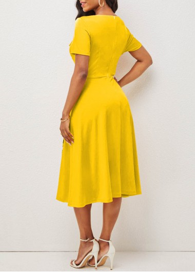 Yellow dresses,Geometric dresses,Striped dresses,ROTITA Button Geometric Print Yellow Square Neck Dress