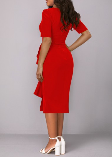 Red dresses,Plain Color dresses,ROTITA Ruffle Red V Neck Half Sleeve Bodycon Dress