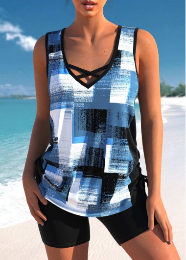 Denim Blue swimwear,Geometric swimwear,ROTITA Criss Cross Denim Blue Geometric Print Tankini Top