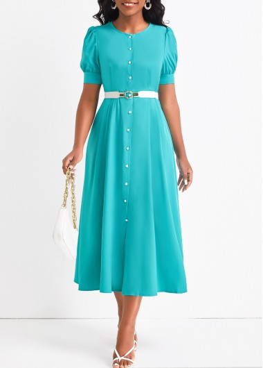 Cyan dresses,Plain Color dresses,Button Cyan Round Neck Short Sleeve Dress