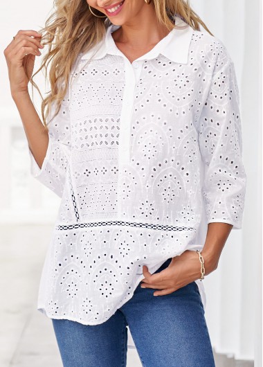 White tops,Plain Color tops,ROTITA White Hollow Embroidery Turndown Collar Blouse