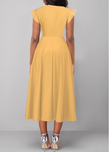 Light Yellow dresses,Plain Color dresses,ROTITA Button Light Yellow Tie Collar Short Sleeve Dress