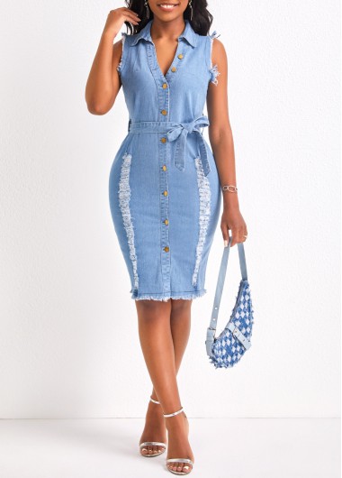 Denim Blue dresses,Plain Color dresses,Hole Denim Blue Belted Shirt Collar Bodycon Dress