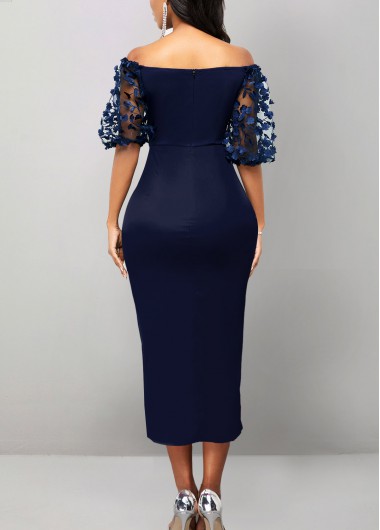 Navy dresses,Plain Color dresses,ROTITA Split Navy Off Shoulder Half Sleeve Bodycon Dress