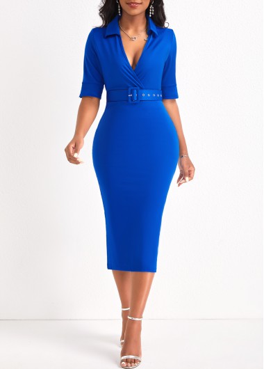 Royal Blue dresses,Plain Color dresses,Surplice Royal Blue Belted V Neck Dress