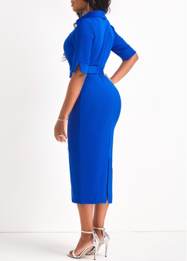 Royal Blue dresses,Plain Color dresses,Surplice Royal Blue Belted V Neck Dress