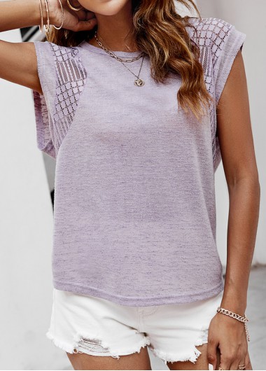 Light Purple tops,Plain Color tops,Lace Light Purple Round Neck T Shirt