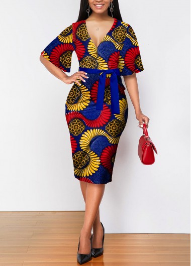Multi Color dresses,Tribal dresses,ROTITA Tribal Print Multi Color Belted Bodycon Dress