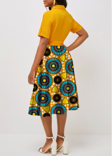 Yellow dresses,Tribal dresses,Geometric dresses,Party dresses,Elegant dresses,ROTITA Pocket Tribal Print Yellow Belted Shirt Collar Dress